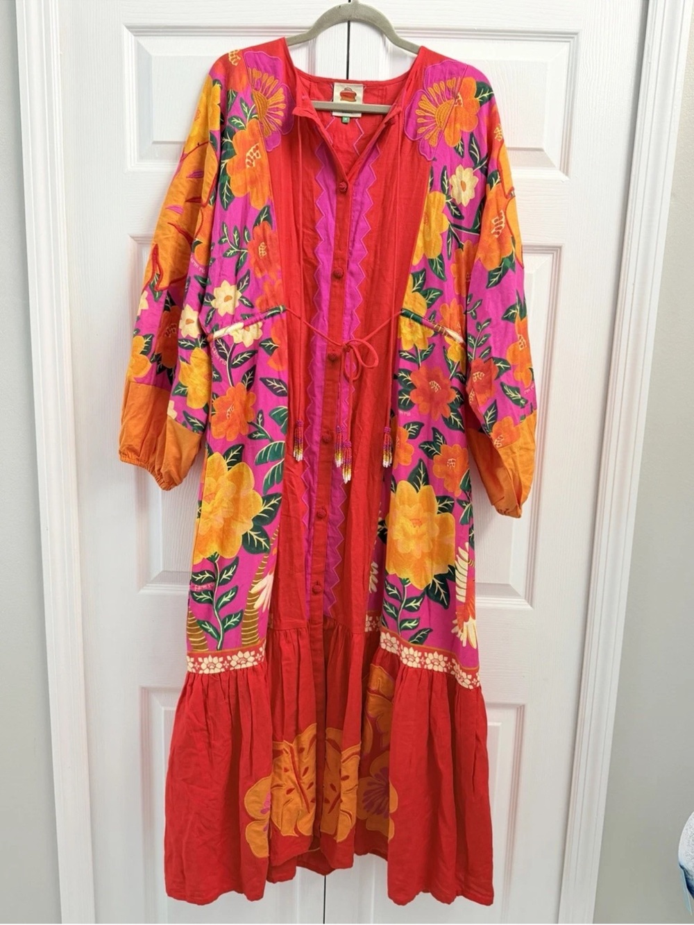 Farm Rio Embroidered Sunset Patchwork Maxi Dress Medium Tropical Parrots - Picture 4 of 7